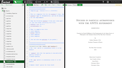 Screenshot of my working space on overleaf when writing my thesis. Left panel shows files in the project, middle panel is for editing, right panel shows typeset version or finished product