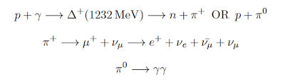 Equation from my thesis typed with LaTeX on Overleaf. This shows a commonly referenced particle astrophysics interaction between a proton and a photon. 